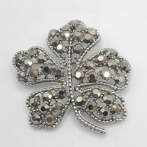 Vintage Weiss Brooch Black Rhinestone Gray Leaf Signed